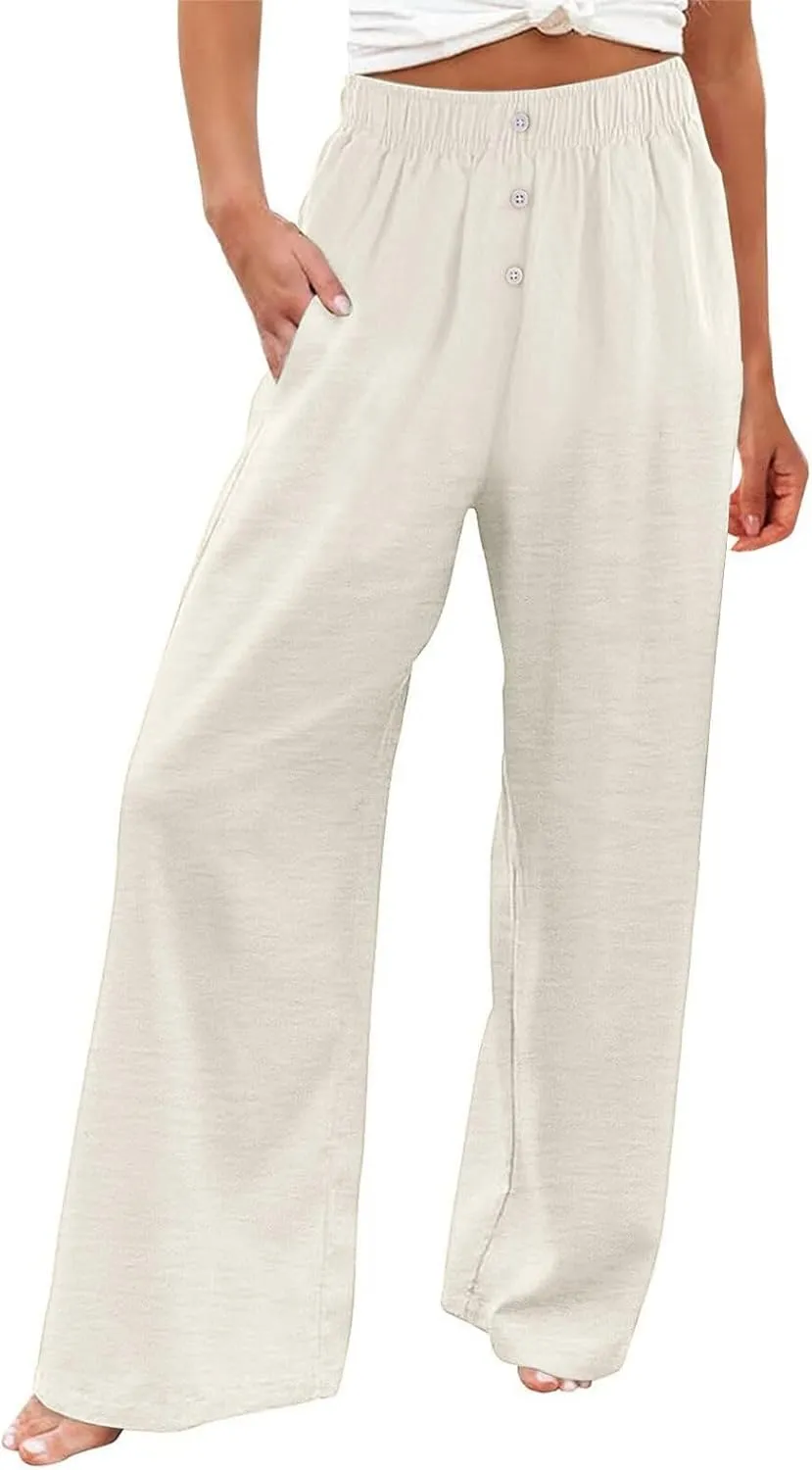 Women Smocked High Waist Straight Wide Leg Trousers Loose Fit Lounge Pants Pockets Linen Beach Flowy Dressy Palazzo