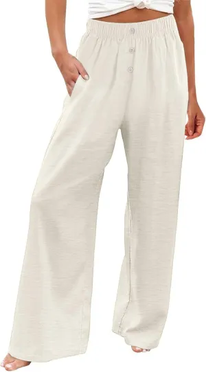 Women Smocked High Waist Straight Wide Leg Trousers Loose Fit Lounge Pants Pockets Linen Beach Flowy Dressy Palazzo