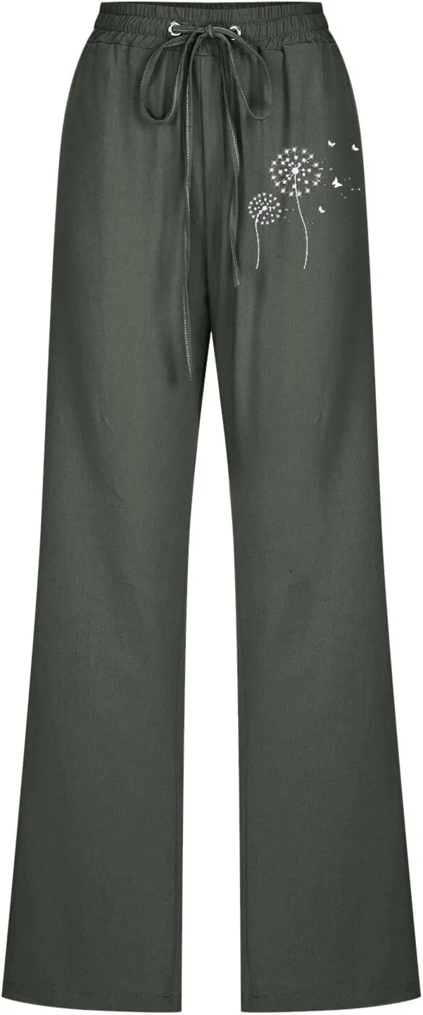 Women Summer Suitable Loose Drawstring Elastic High Waist Comfy Trousers Straight Leg Long Cropped Pants Women Casual