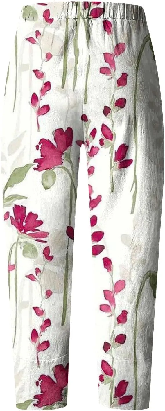 Women's Boho Linen Wide Leg Pants Elastic High Waist Palazzo Capri Pant Business Casual Cropped Trousers with Pockets