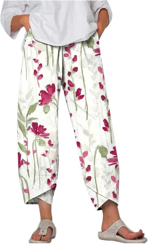 Women's Boho Linen Wide Leg Pants Elastic High Waist Palazzo Capri Pant Business Casual Cropped Trousers with Pockets