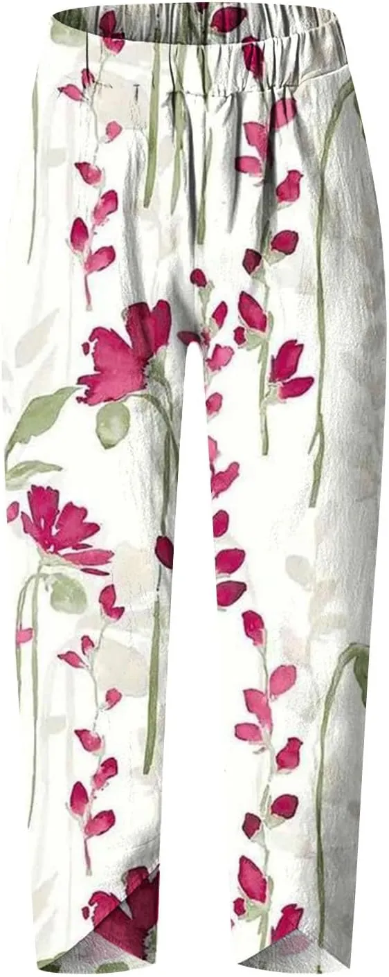 Women's Boho Linen Wide Leg Pants Elastic High Waist Palazzo Capri Pant Business Casual Cropped Trousers with Pockets
