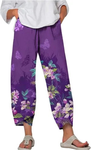 Women's Boho Linen Wide Leg Pants Elastic High Waist Palazzo Capri Pant Business Casual Cropped Trousers with Pockets