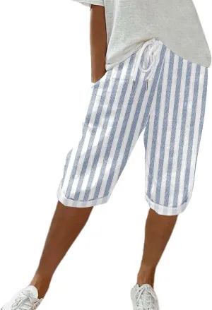 Womens Capris for Summer Cotton Linen Pants Casual Striped Loose Comfy Elastic Waist Cropped Trouser Beach Clothes