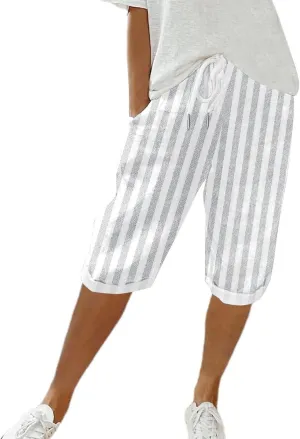 Womens Capris for Summer Cotton Linen Pants Casual Striped Loose Comfy Elastic Waist Cropped Trouser Beach Clothes