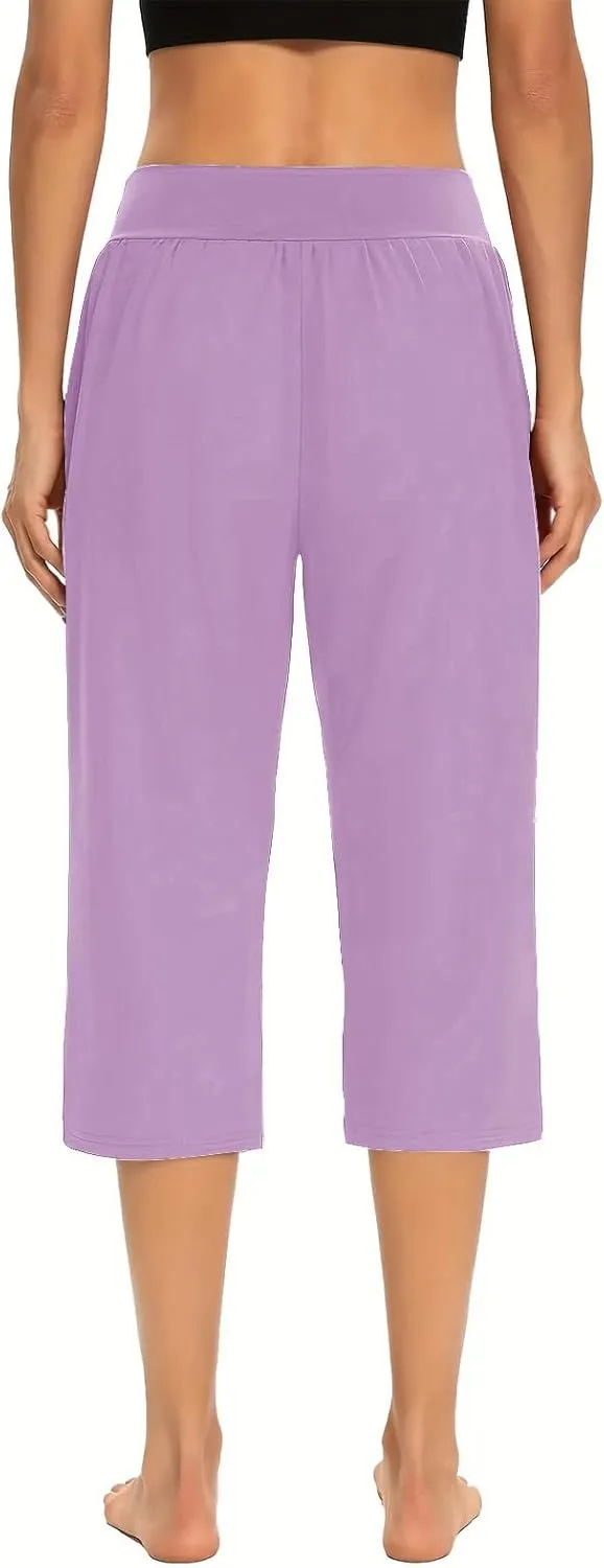 Women's Casual Capri Pants Summer Loose Yoga Pants Comfy Workout Pants High Waist Capri Trousers with Pockets