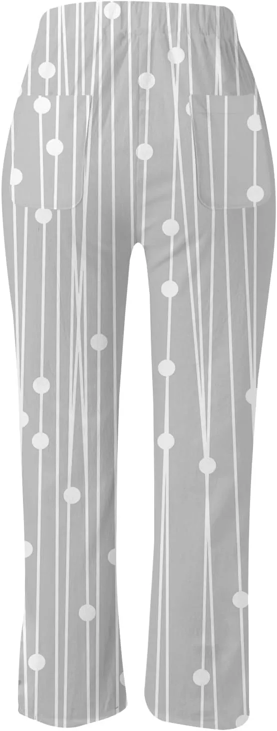Womens Casual Cotton Linen Pants Drawstring Elastic Waist Lounge Pants Dot Printed Loose Fit Summer Beach Trousers
