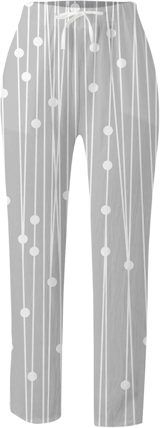Womens Casual Cotton Linen Pants Drawstring Elastic Waist Lounge Pants Dot Printed Loose Fit Summer Beach Trousers