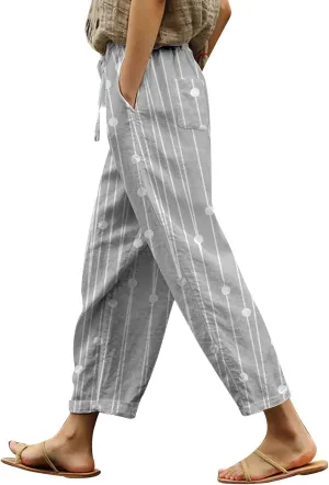 Womens Casual Cotton Linen Pants Drawstring Elastic Waist Lounge Pants Dot Printed Loose Fit Summer Beach Trousers