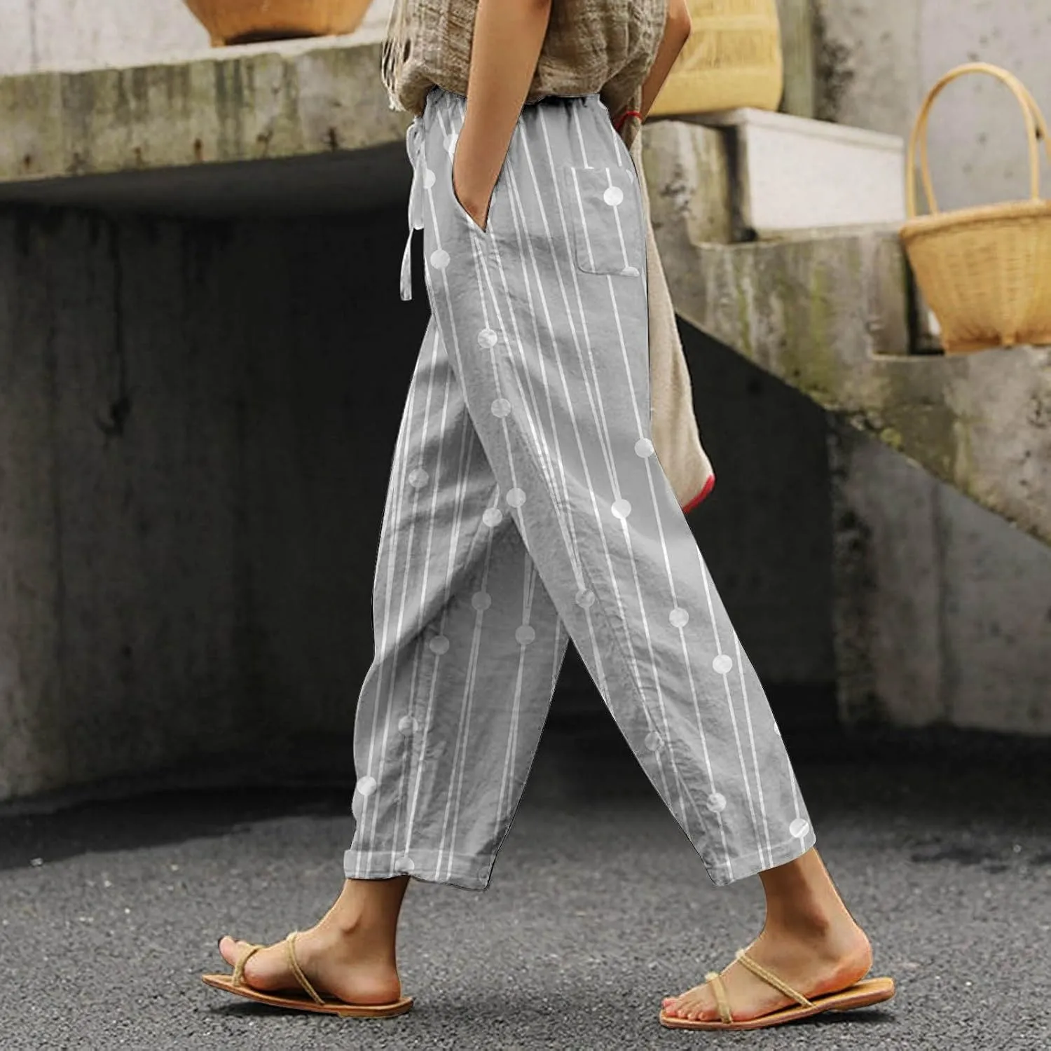 Womens Casual Cotton Linen Pants Drawstring Elastic Waist Lounge Pants Dot Printed Loose Fit Summer Beach Trousers