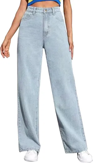Women's Casual High Waisted Wide Leg Denim Jeans Straight Wide Leg Loose Denim Pants Y2K Harajuku Style Trousers