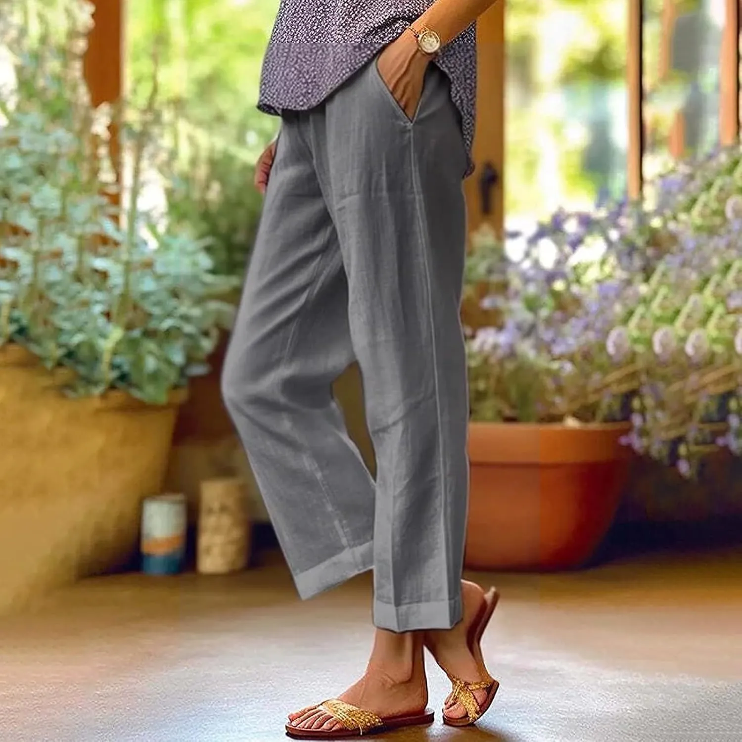 Women's Clothing Solid Elastic Pants Long Drawstring Linen Women Waist Cotton Casual Slacks Business Pants with Pockets