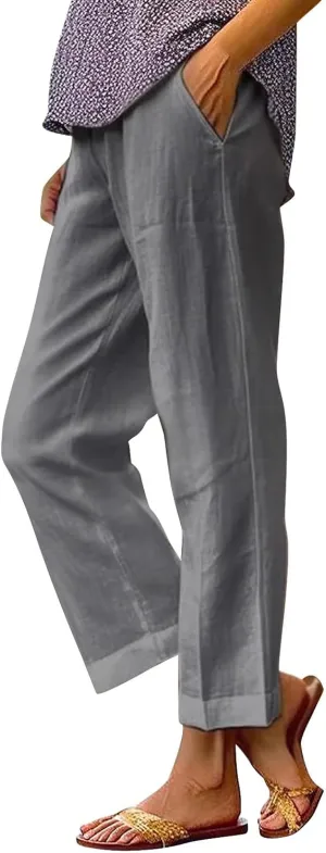 Women's Clothing Solid Elastic Pants Long Drawstring Linen Women Waist Cotton Casual Slacks Business Pants with Pockets