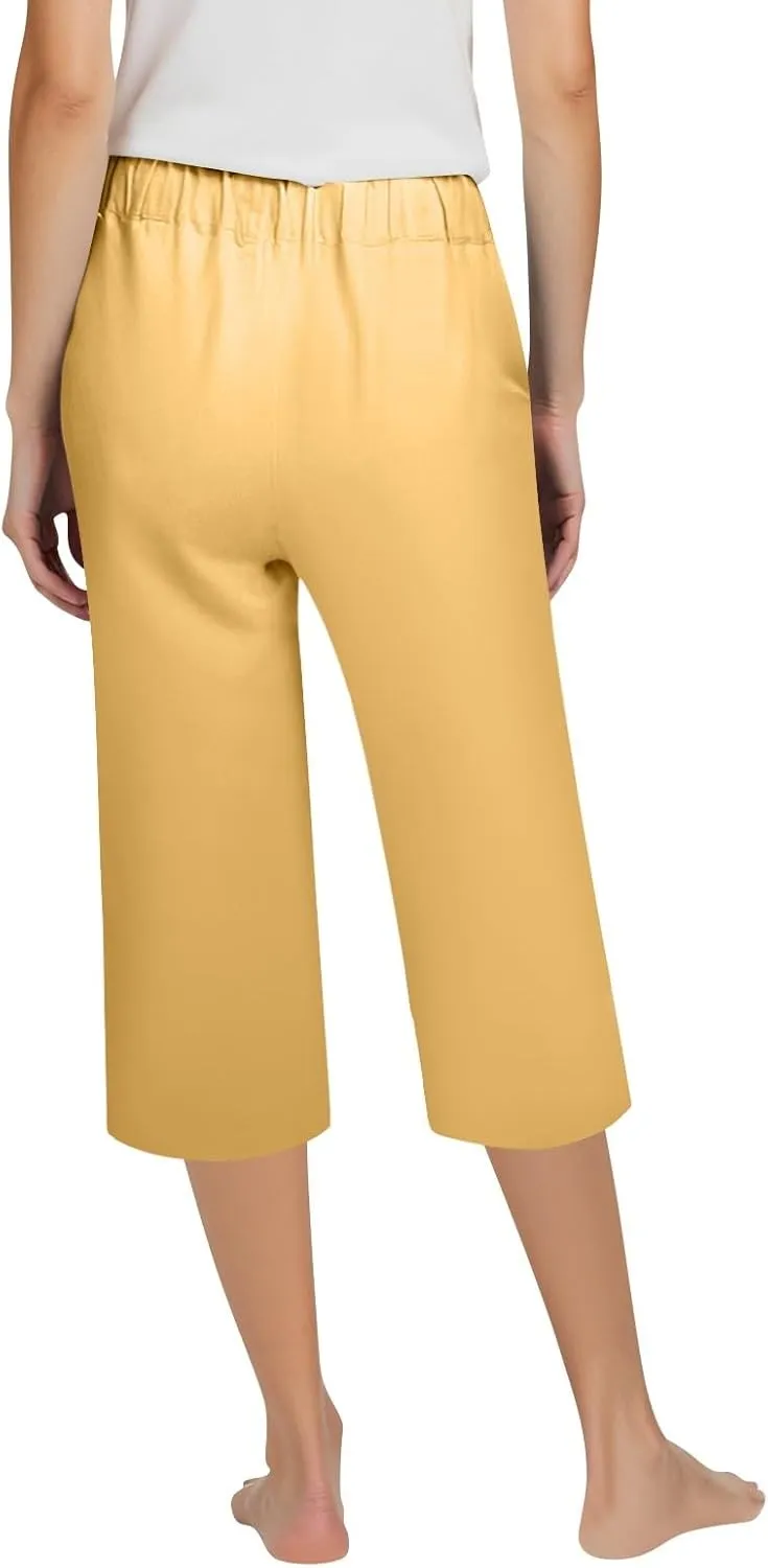 Womens Cotton Linen Capri Pants Summer Casual Elastic Waist Capris 2025 Comfy Cropped Trouser with Pockets