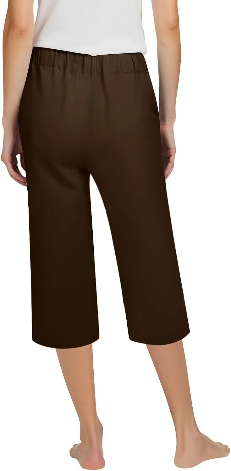 Womens Cotton Linen Capri Pants Summer Casual Elastic Waist Capris 2025 Comfy Cropped Trouser with Pockets