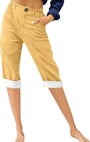 Womens Cotton Linen Capri Pants Summer Casual Elastic Waist Capris 2025 Comfy Cropped Trouser with Pockets