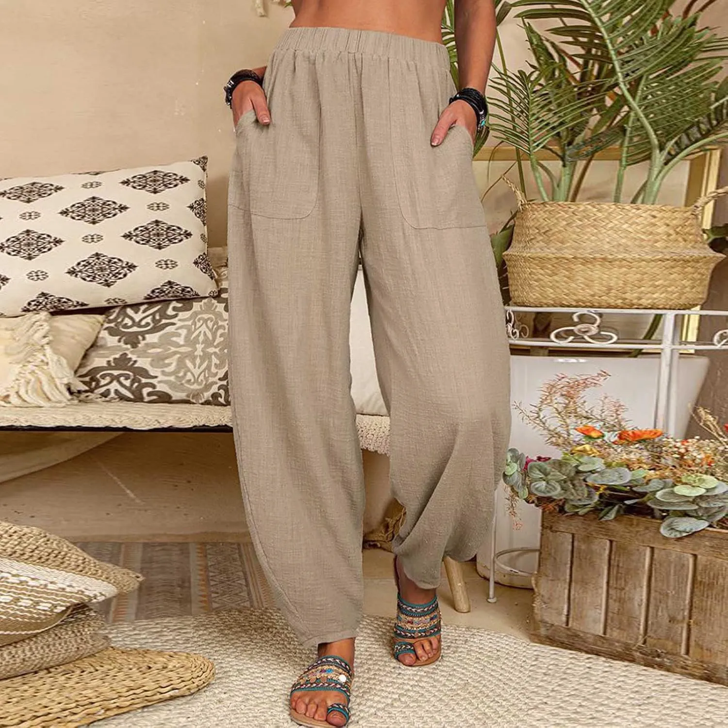 Women's Cotton Linen Harem Pants Casual Loose Fit High Waisted Pants Trousers Summer Outfits 2025 Trendy with Pockets
