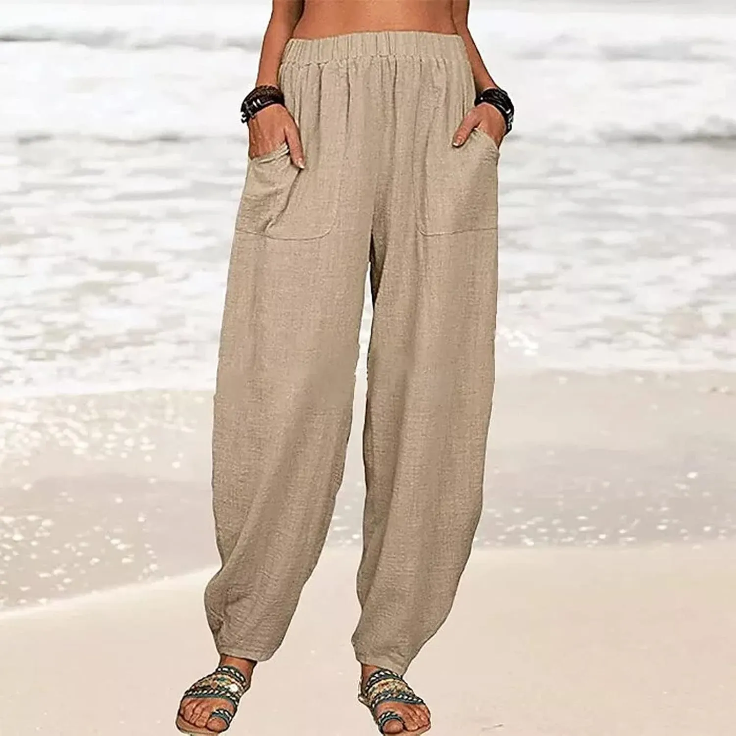 Women's Cotton Linen Harem Pants Casual Loose Fit High Waisted Pants Trousers Summer Outfits 2025 Trendy with Pockets
