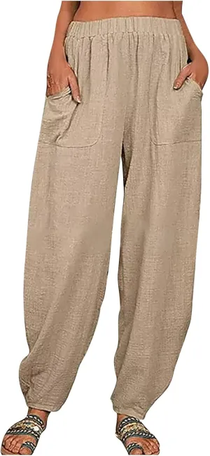 Women's Cotton Linen Harem Pants Casual Loose Fit High Waisted Pants Trousers Summer Outfits 2025 Trendy with Pockets