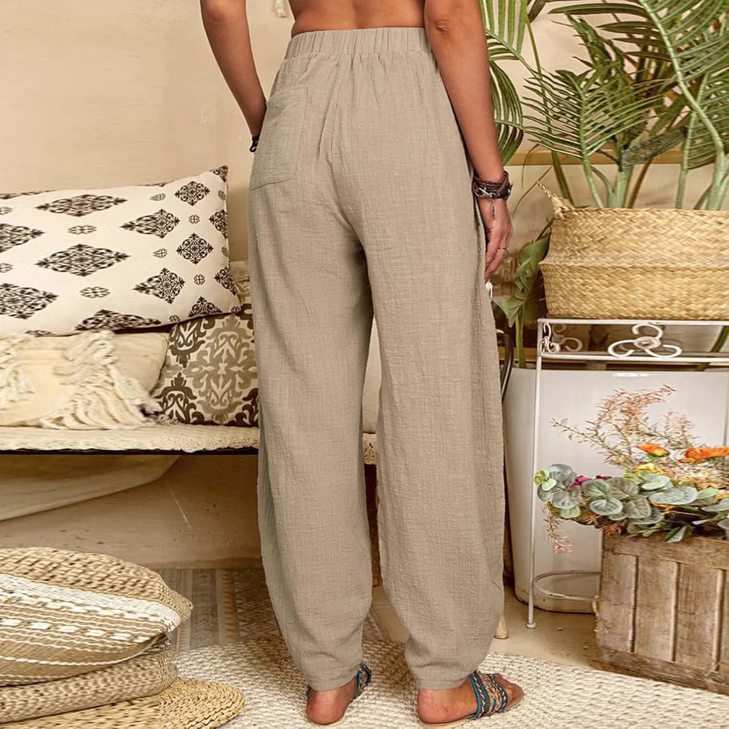 Women's Cotton Linen Harem Pants Casual Loose Fit High Waisted Pants Trousers Summer Outfits 2025 Trendy with Pockets