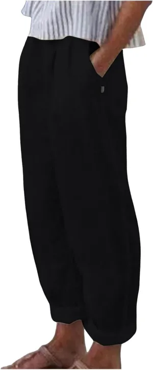 Women's Cotton Linen Pants Fashion Summer Casual Loose Elastic High Waisted Ankle Slacks Comfy Beach Trousers Pockets