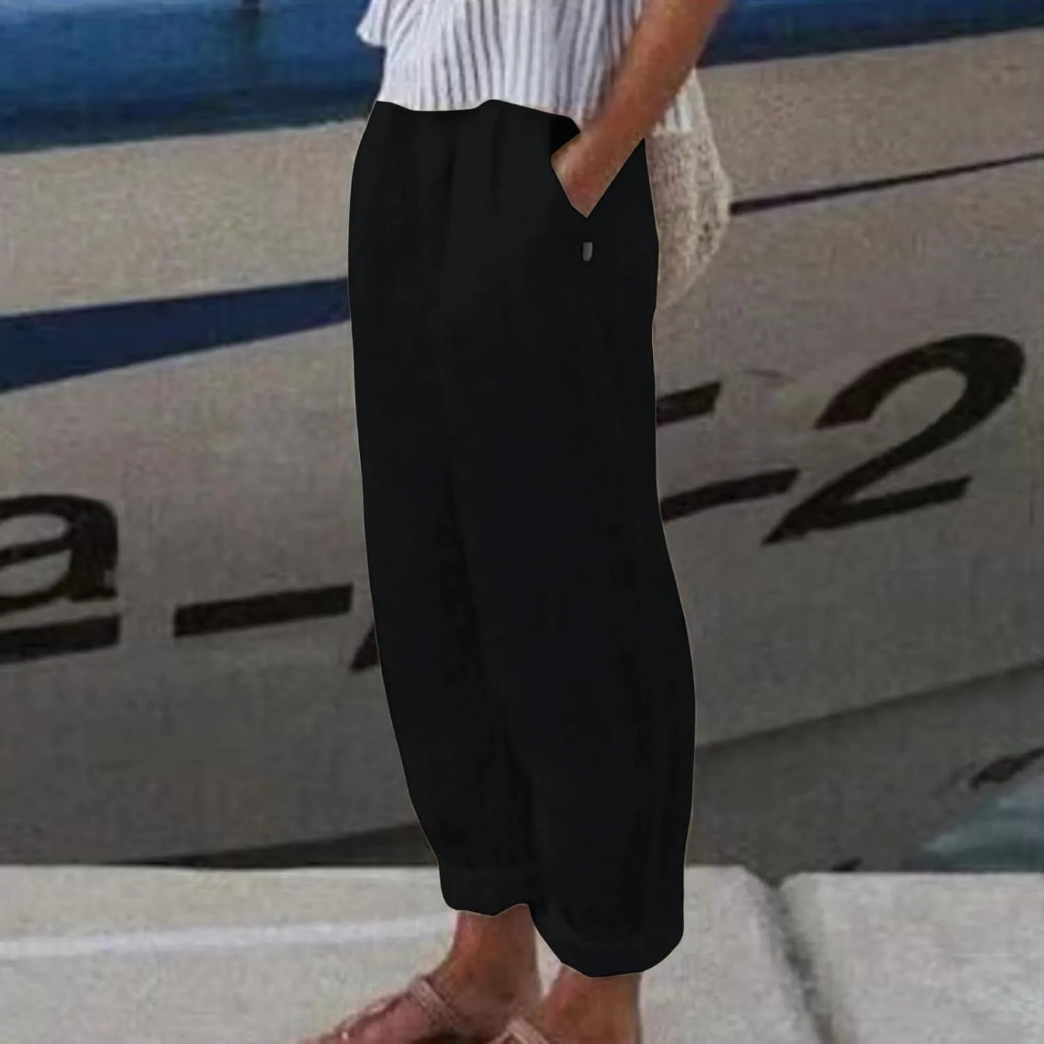 Women's Cotton Linen Pants Fashion Summer Casual Loose Elastic High Waisted Ankle Slacks Comfy Beach Trousers Pockets