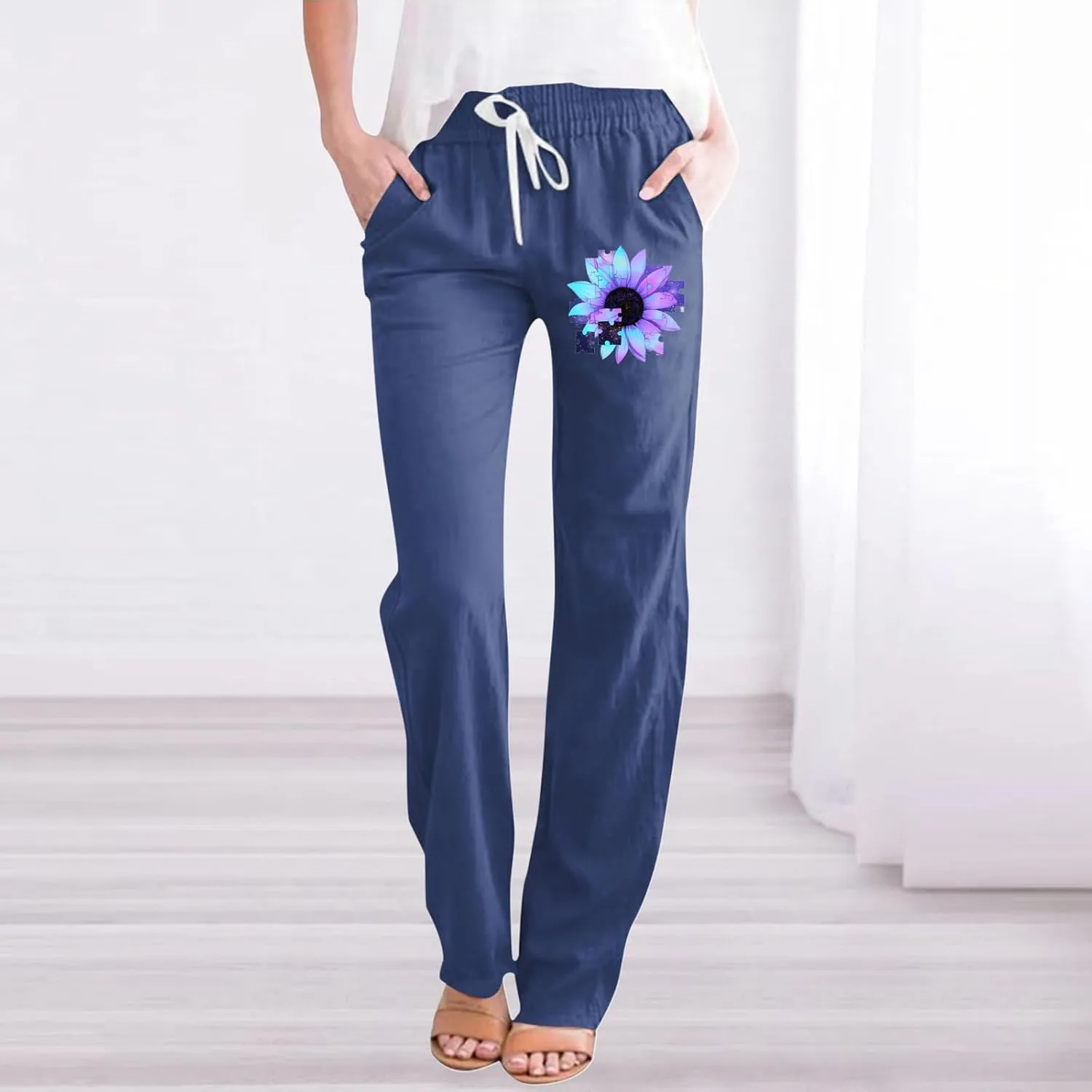 Women's Cotton Linen Summer Pants Floral Print Straight Leg Beach Trousers with Pockets Drawstring Waist Trousers