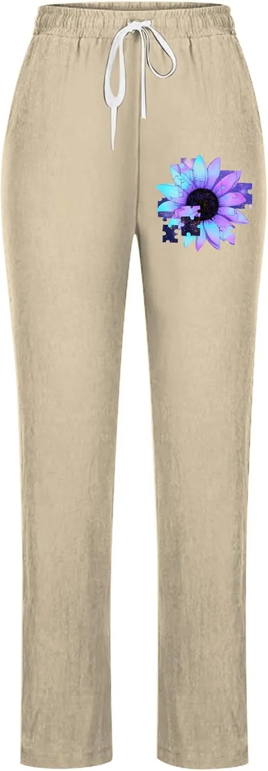 Women's Cotton Linen Summer Pants Floral Print Straight Leg Beach Trousers with Pockets Drawstring Waist Trousers