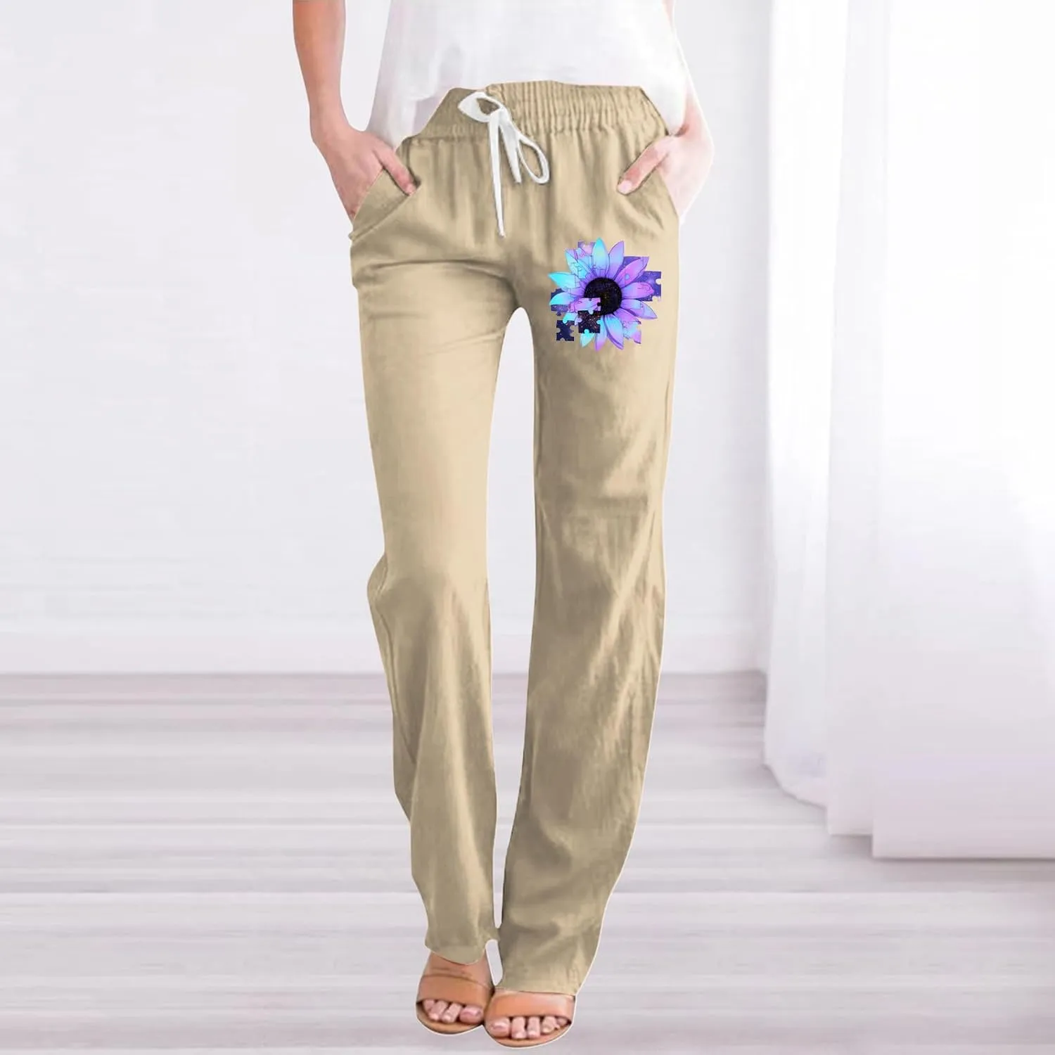 Women's Cotton Linen Summer Pants Floral Print Straight Leg Beach Trousers with Pockets Drawstring Waist Trousers