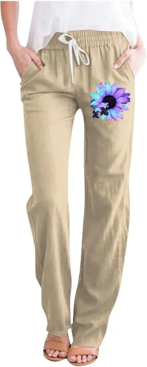 Women's Cotton Linen Summer Pants Floral Print Straight Leg Beach Trousers with Pockets Drawstring Waist Trousers