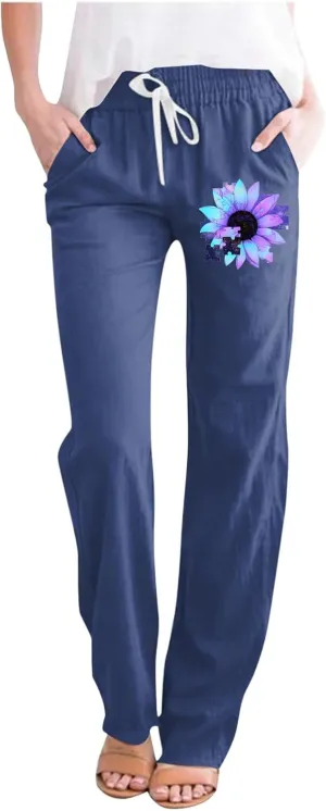 Women's Cotton Linen Summer Pants Floral Print Straight Leg Beach Trousers with Pockets Drawstring Waist Trousers