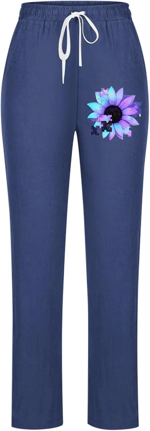 Women's Cotton Linen Summer Pants Floral Print Straight Leg Beach Trousers with Pockets Drawstring Waist Trousers