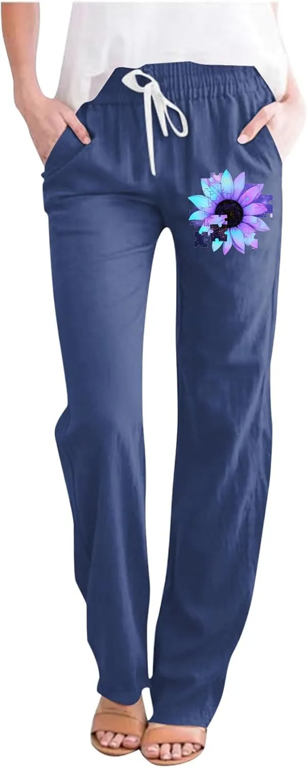 Women's Cotton Linen Summer Pants Floral Print Straight Leg Beach Trousers with Pockets Drawstring Waist Trousers