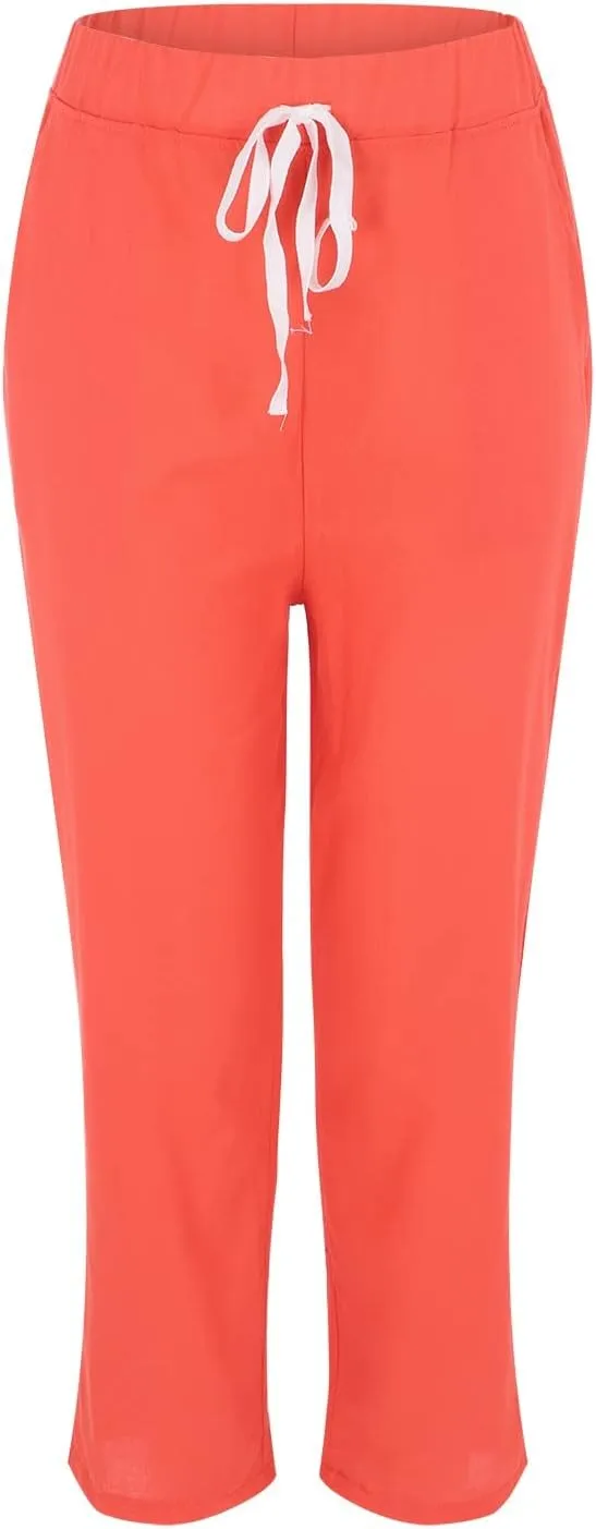Women's Cotton Linen Summer Split Flowy Pant Trousers High Waist Straight Slim Fit Palazzo Lounge Pants Office