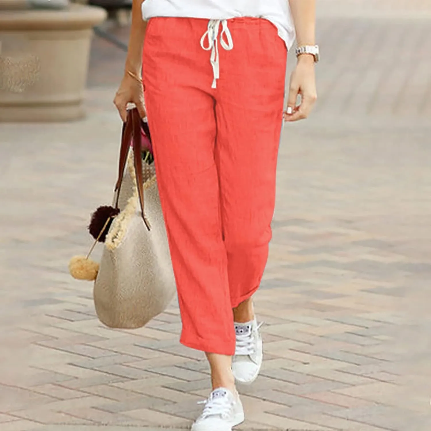 Women's Cotton Linen Summer Split Flowy Pant Trousers High Waist Straight Slim Fit Palazzo Lounge Pants Office