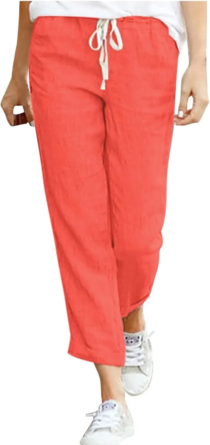 Women's Cotton Linen Summer Split Flowy Pant Trousers High Waist Straight Slim Fit Palazzo Lounge Pants Office