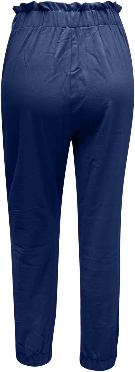 Women's Cotton Linen Tapered Leg Pants Elastic Drawstring Casual Trousers Summer Beach Lounge Cargo Pants with Pockets