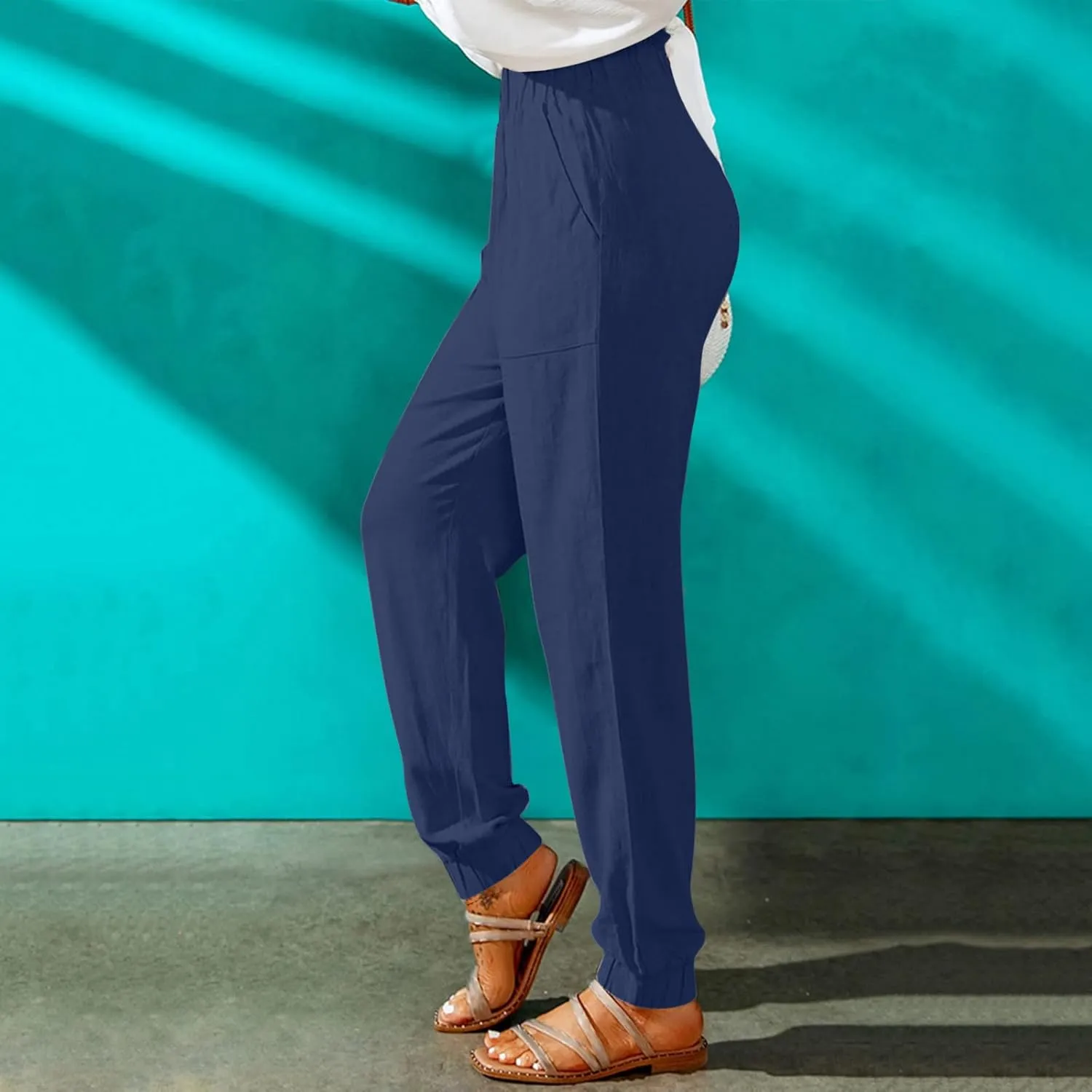 Women's Cotton Linen Tapered Leg Pants Elastic Drawstring Casual Trousers Summer Beach Lounge Cargo Pants with Pockets