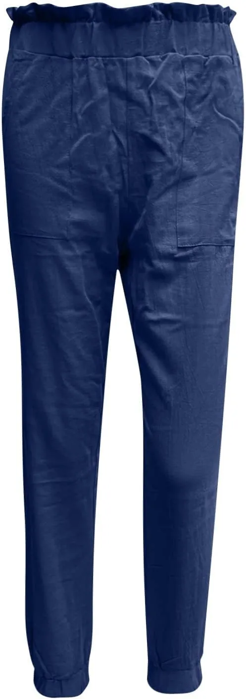 Women's Cotton Linen Tapered Leg Pants Elastic Drawstring Casual Trousers Summer Beach Lounge Cargo Pants with Pockets
