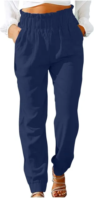 Women's Cotton Linen Tapered Leg Pants Elastic Drawstring Casual Trousers Summer Beach Lounge Cargo Pants with Pockets