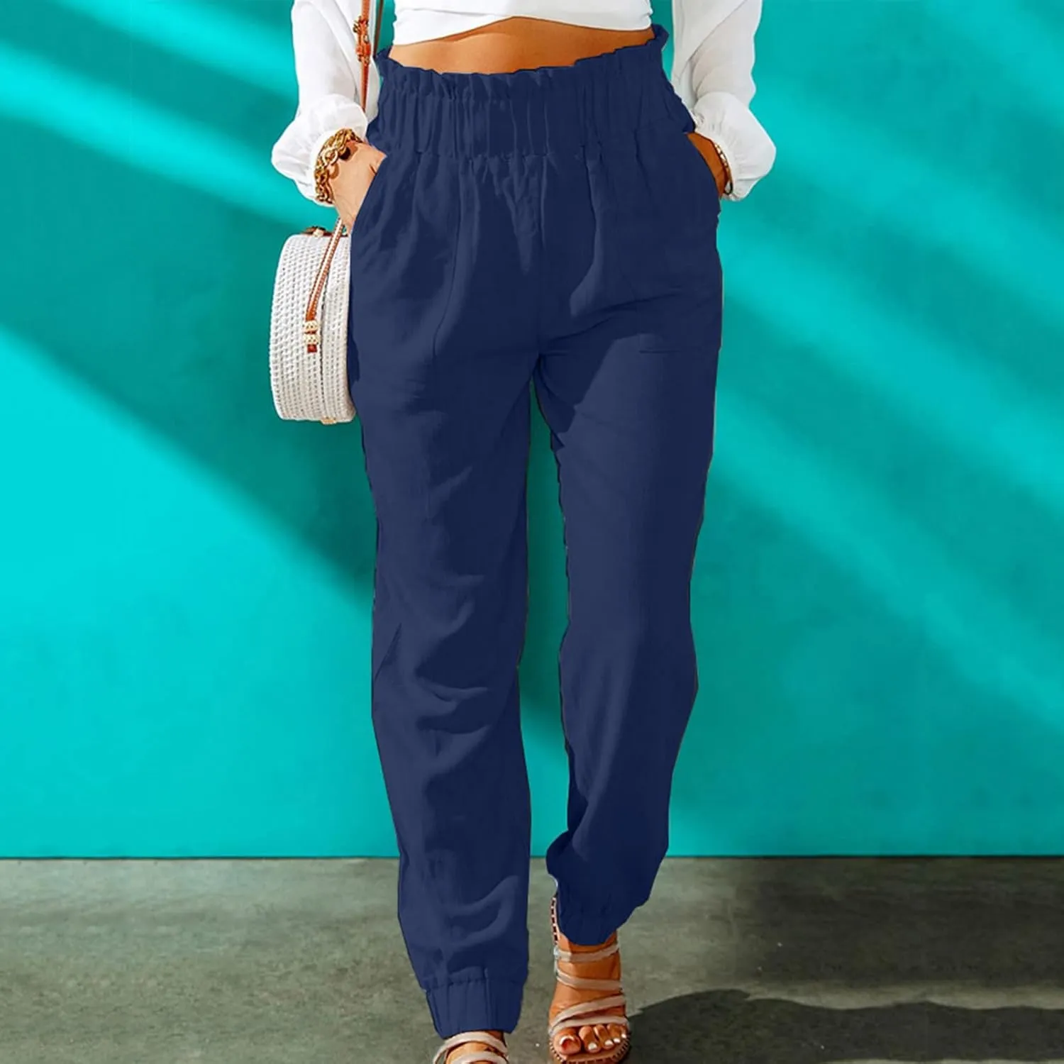 Women's Cotton Linen Tapered Leg Pants Elastic Drawstring Casual Trousers Summer Beach Lounge Cargo Pants with Pockets