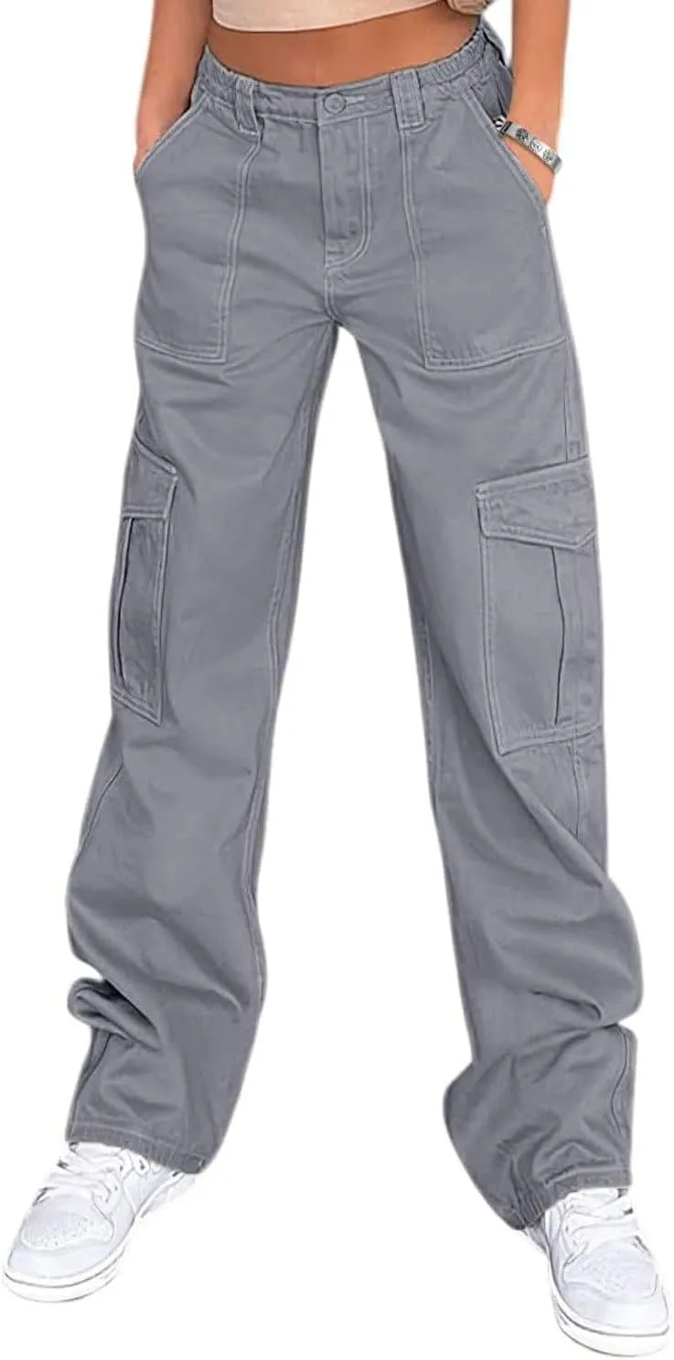 Womens Girls High Waisted Cargo Pants Cotton Wide Leg Casual Pant Combat Tactical Workwear Capris with 6 Pockets
