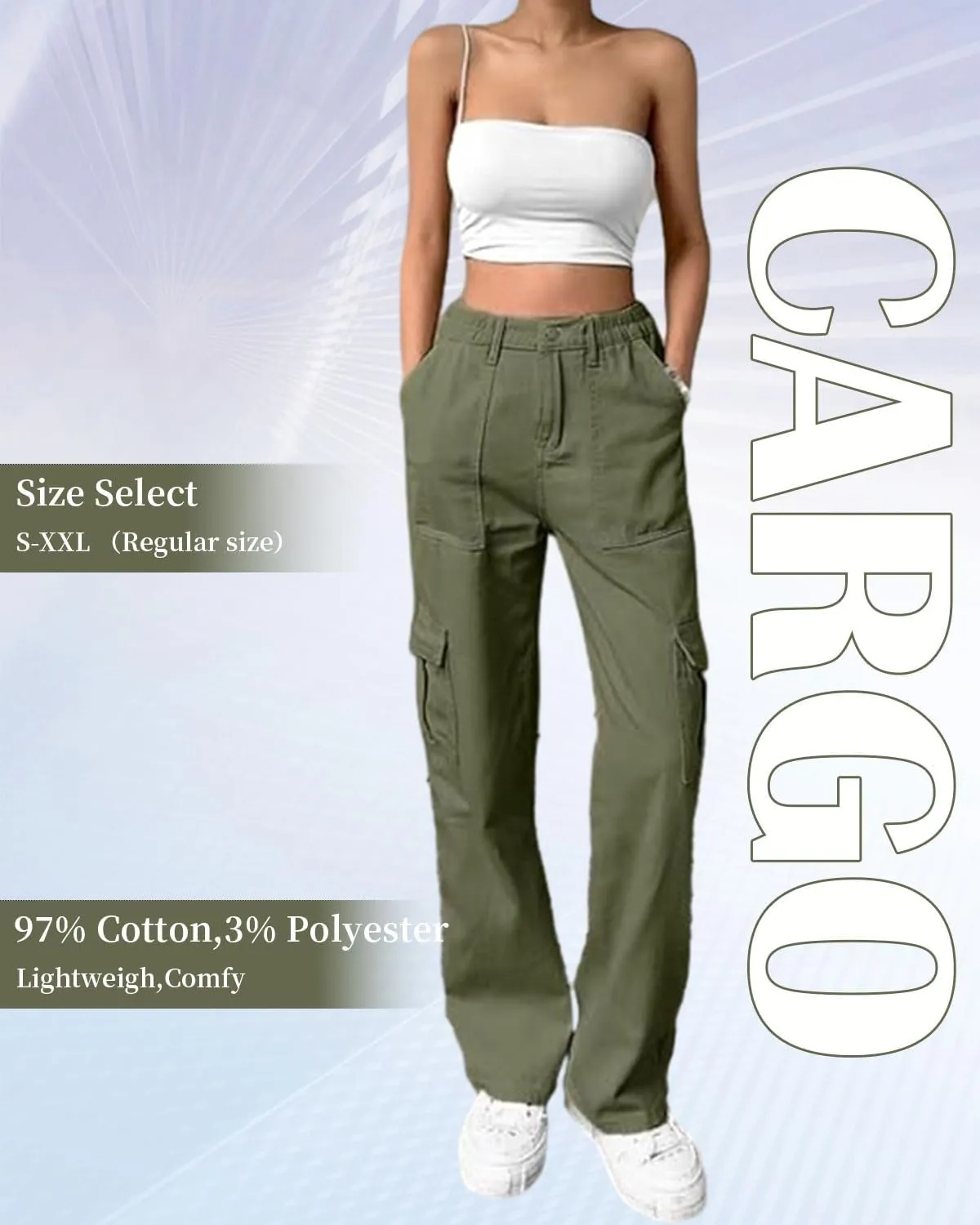 Womens Girls High Waisted Cargo Pants Cotton Wide Leg Casual Pant Combat Tactical Workwear Capris with 6 Pockets