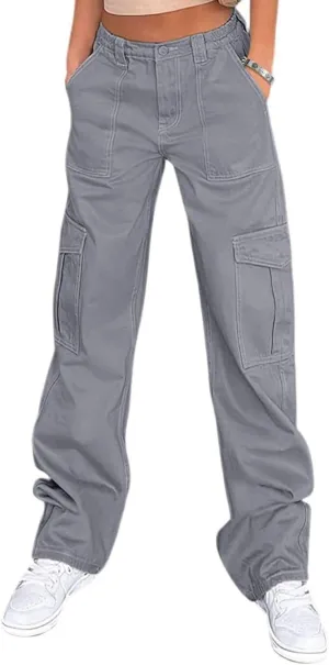 Womens Girls High Waisted Cargo Pants Cotton Wide Leg Casual Pant Combat Tactical Workwear Capris with 6 Pockets