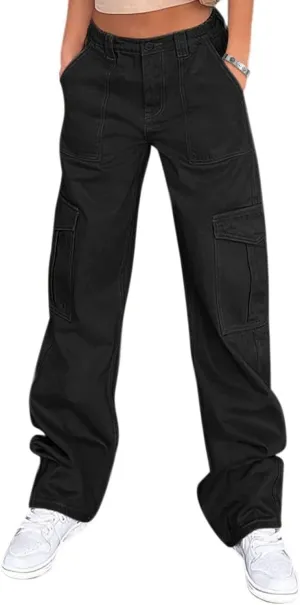 Womens Girls High Waisted Cargo Pants Cotton Wide Leg Casual Pant Combat Tactical Workwear Capris with 6 Pockets