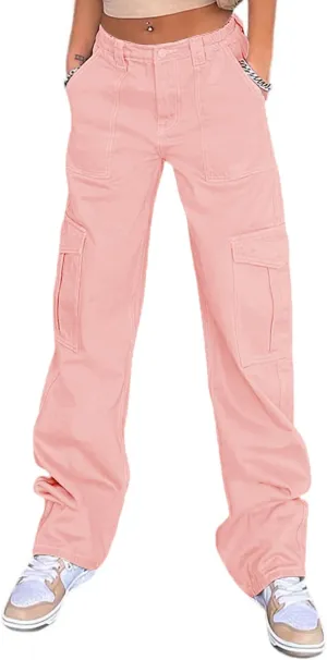 Womens Girls High Waisted Cargo Pants Cotton Wide Leg Casual Pant Combat Tactical Workwear Capris with 6 Pockets