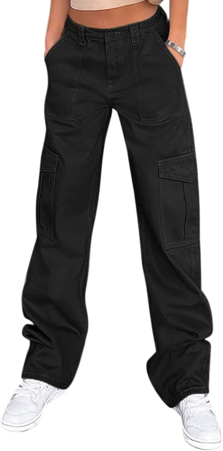 Womens Girls High Waisted Cargo Pants Cotton Wide Leg Casual Pant Combat Tactical Workwear Capris with 6 Pockets