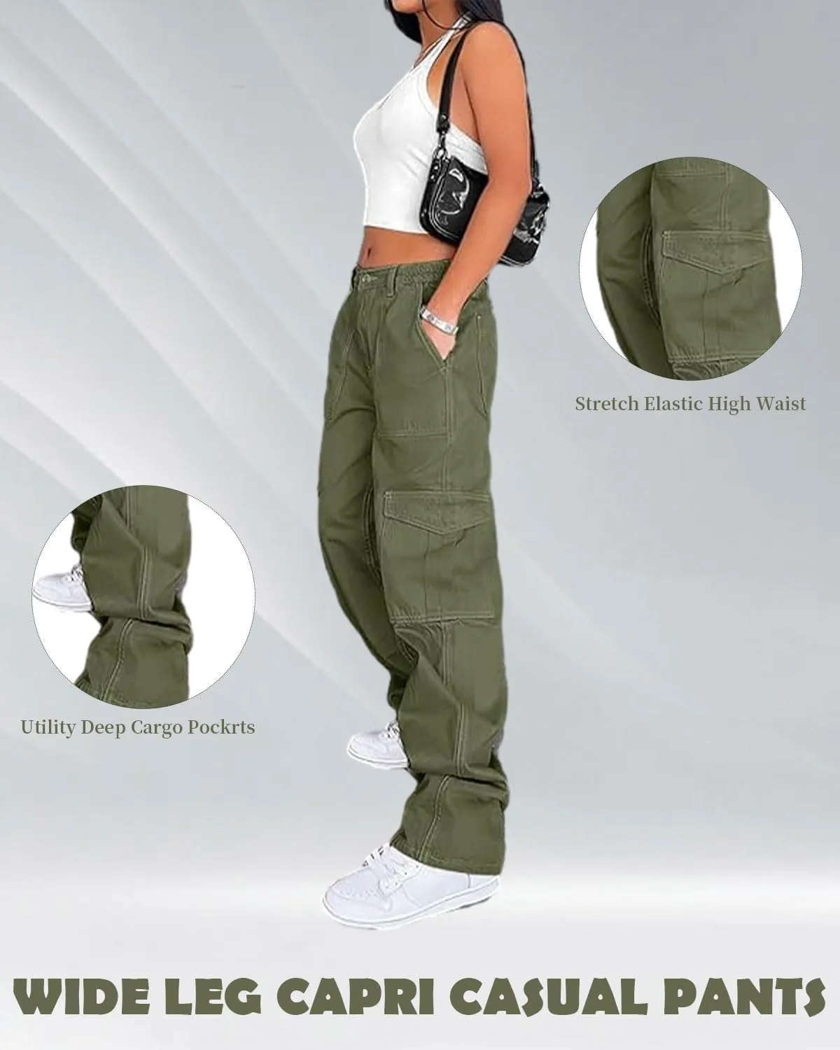 Womens Girls High Waisted Cargo Pants Cotton Wide Leg Casual Pant Combat Tactical Workwear Capris with 6 Pockets