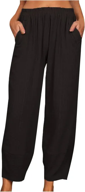 Women's High Waist Pants Drawstring Cargo Capri Pants Pockets Drawstring Causal Palazzo Pants Trousers with Pockets