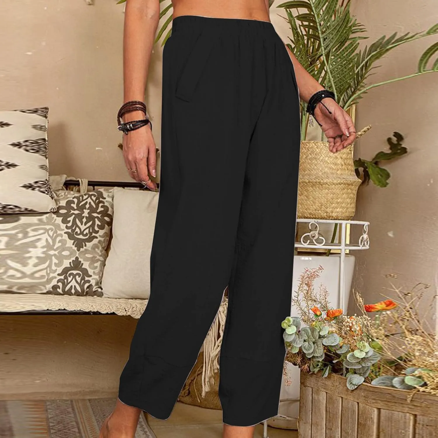 Women's High Waist Pants Drawstring Cargo Capri Pants Pockets Drawstring Causal Palazzo Pants Trousers with Pockets